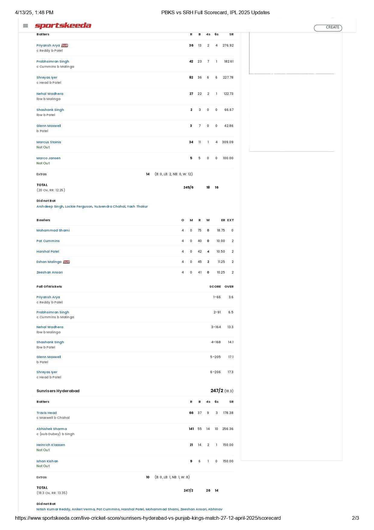 PBKS vs SRH 2025 scorecard.